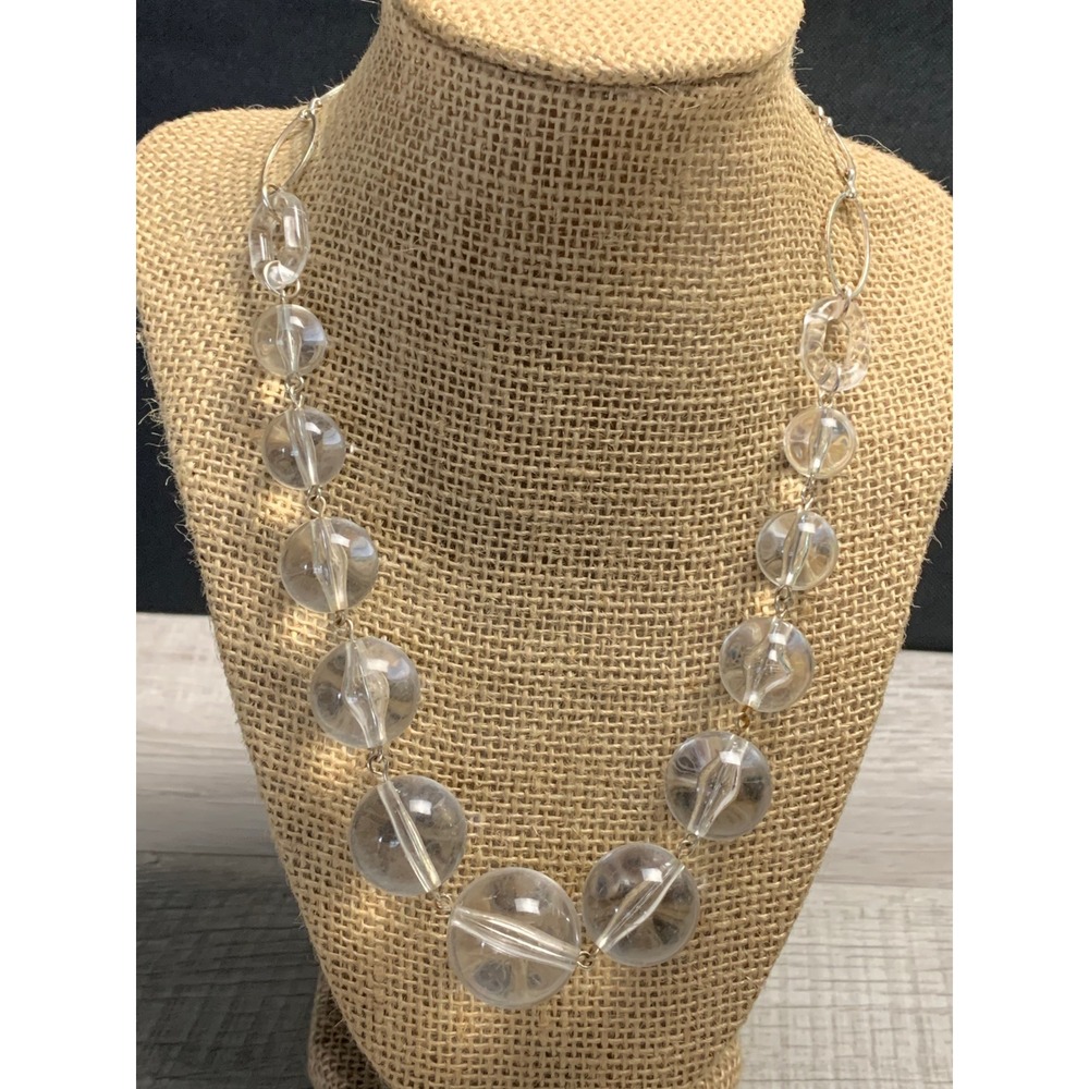 Clear Oversized Graduated Acrylic Bead Statement Necklace Silver Tone 20 Inch